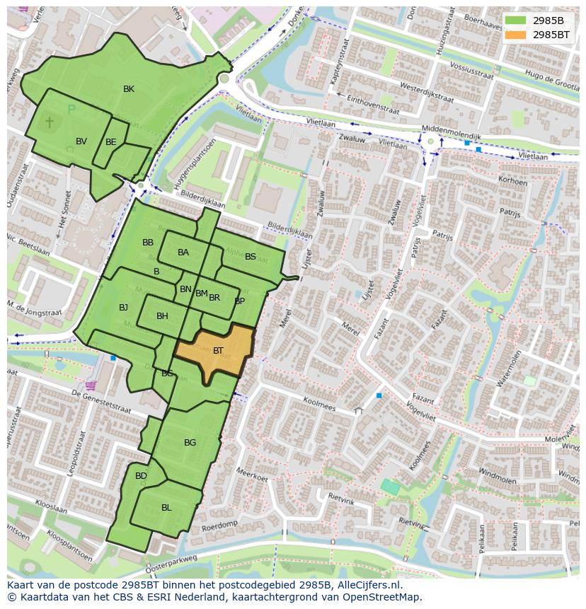 Afbeelding van het postcodegebied 2985 BT op de kaart.