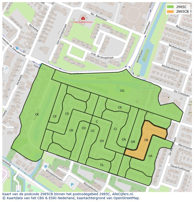 Afbeelding van het postcodegebied 2985 CB op de kaart.