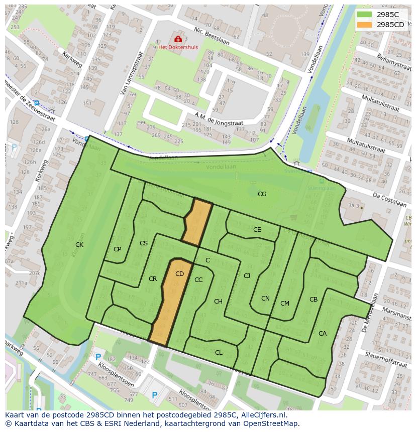 Afbeelding van het postcodegebied 2985 CD op de kaart.