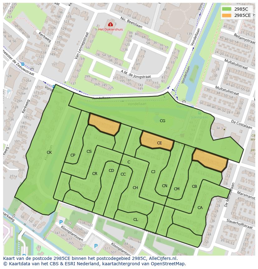 Afbeelding van het postcodegebied 2985 CE op de kaart.