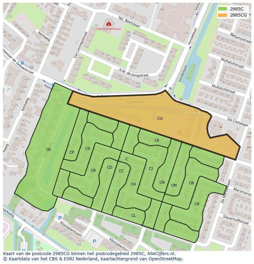 Afbeelding van het postcodegebied 2985 CG op de kaart.