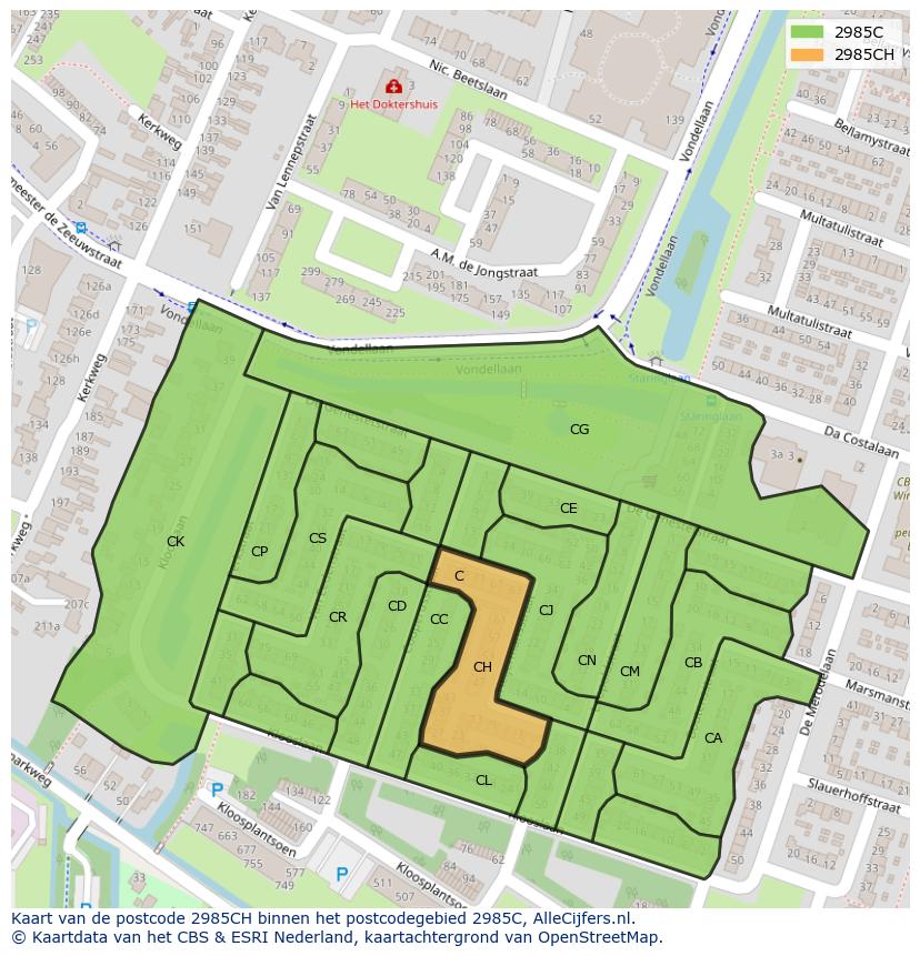 Afbeelding van het postcodegebied 2985 CH op de kaart.