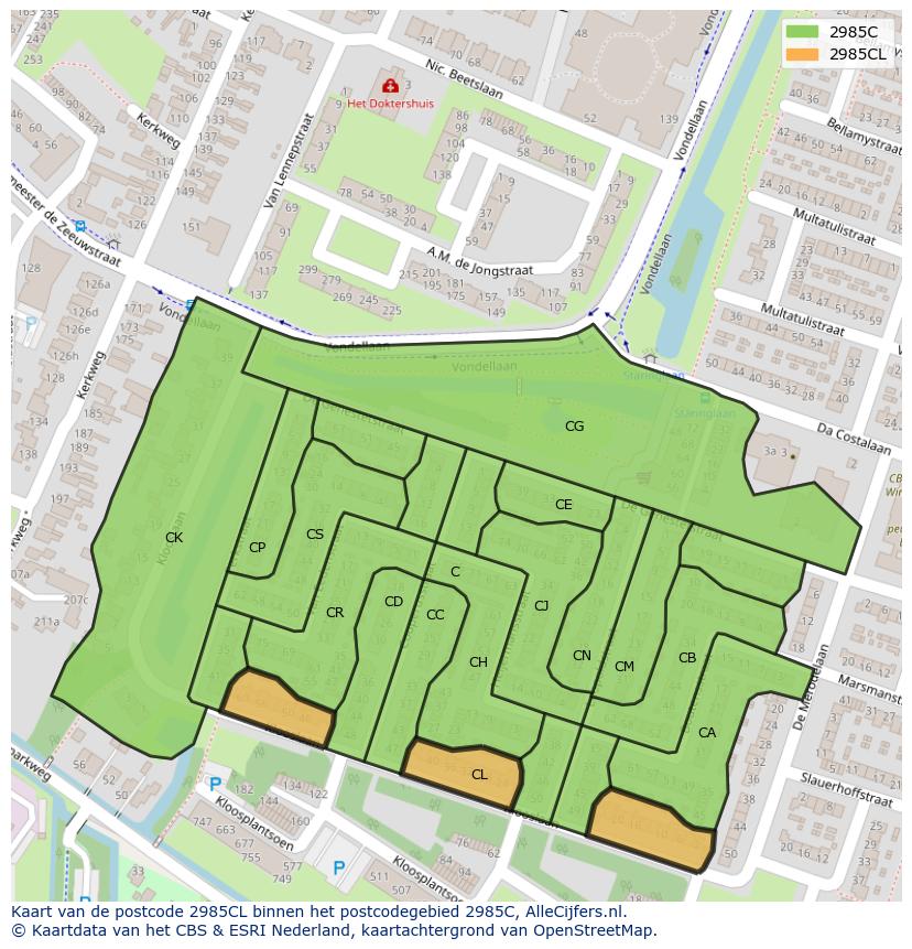 Afbeelding van het postcodegebied 2985 CL op de kaart.