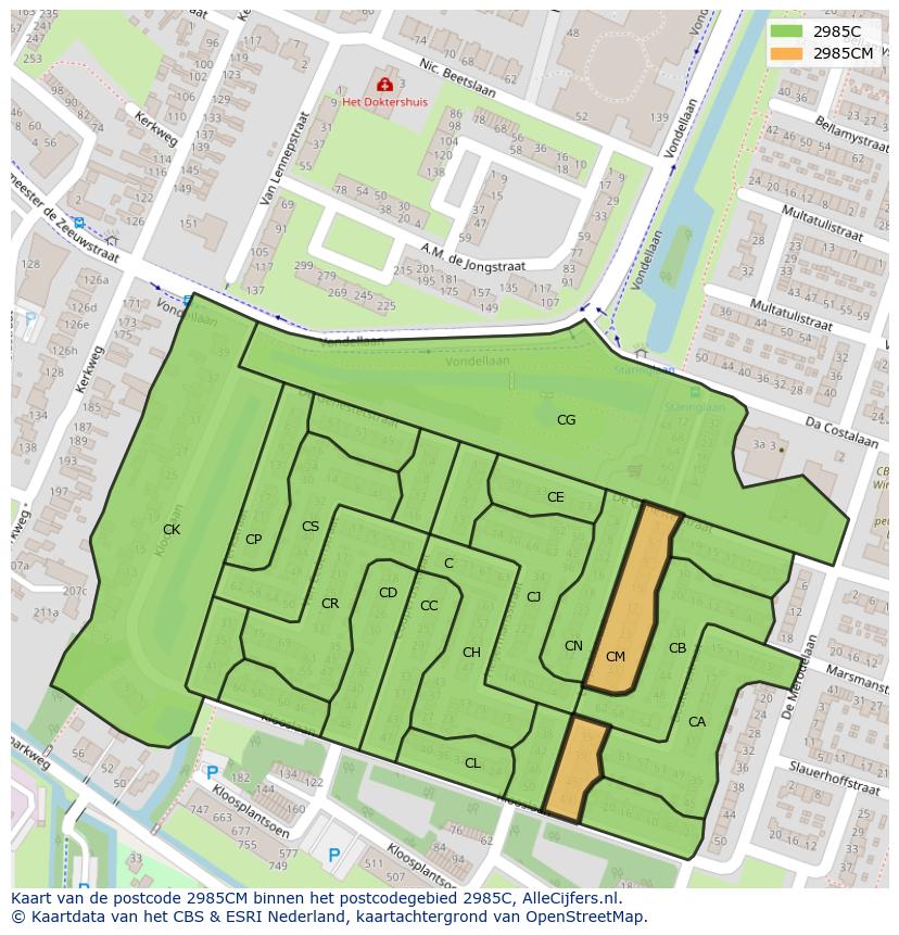 Afbeelding van het postcodegebied 2985 CM op de kaart.