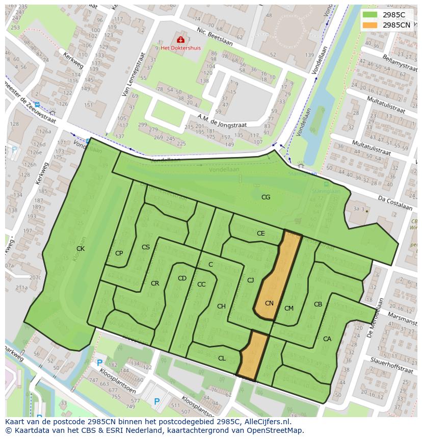 Afbeelding van het postcodegebied 2985 CN op de kaart.