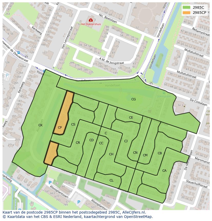 Afbeelding van het postcodegebied 2985 CP op de kaart.