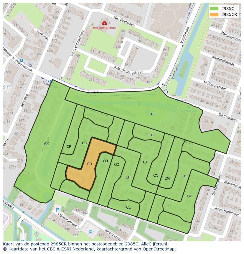 Afbeelding van het postcodegebied 2985 CR op de kaart.