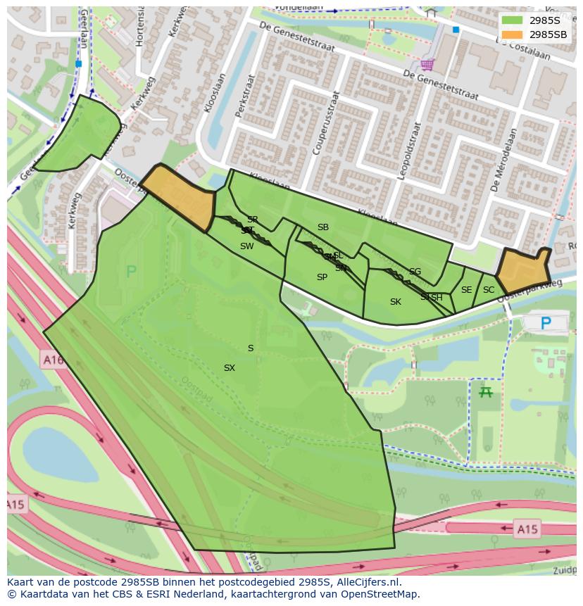 Afbeelding van het postcodegebied 2985 SB op de kaart.
