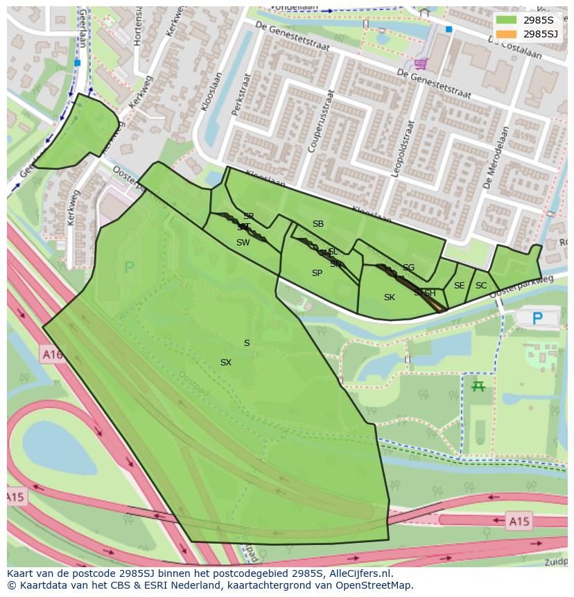 Afbeelding van het postcodegebied 2985 SJ op de kaart.