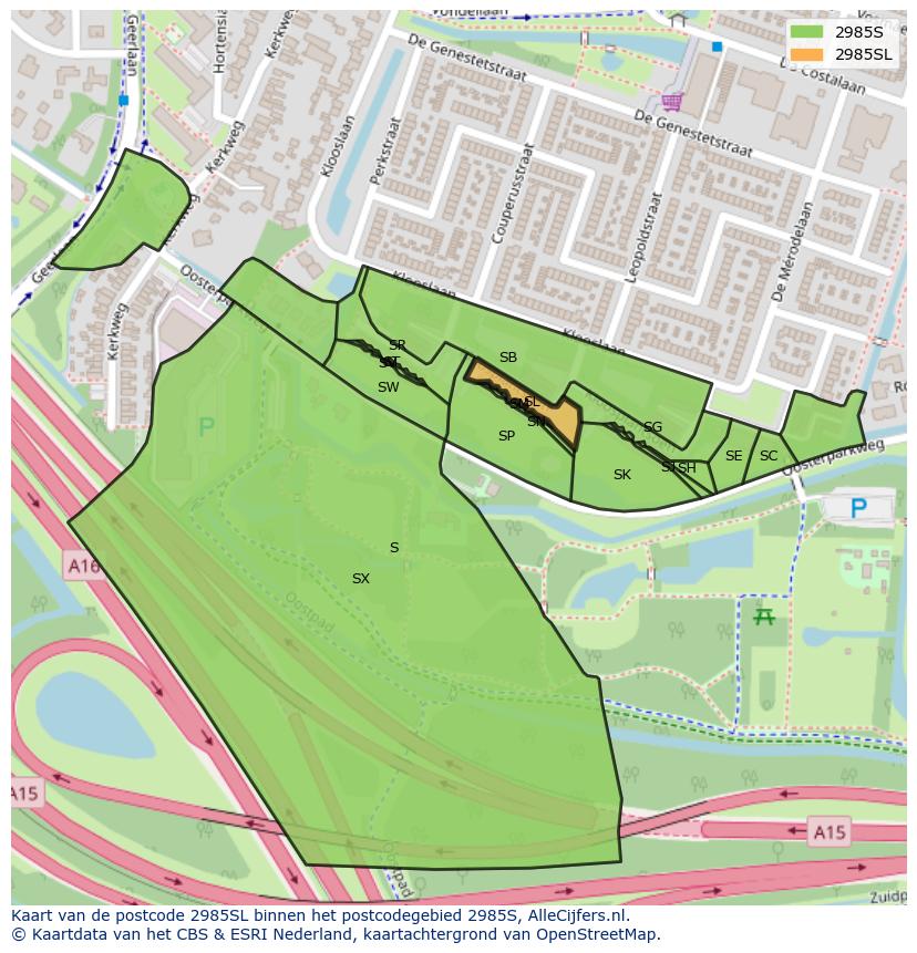 Afbeelding van het postcodegebied 2985 SL op de kaart.