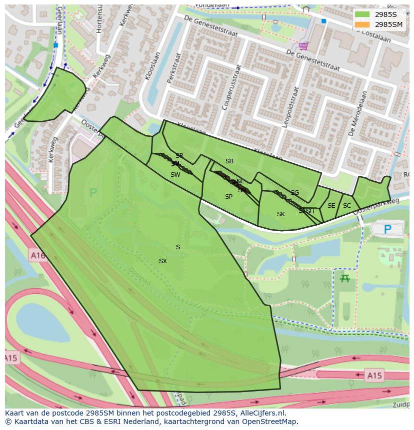 Afbeelding van het postcodegebied 2985 SM op de kaart.