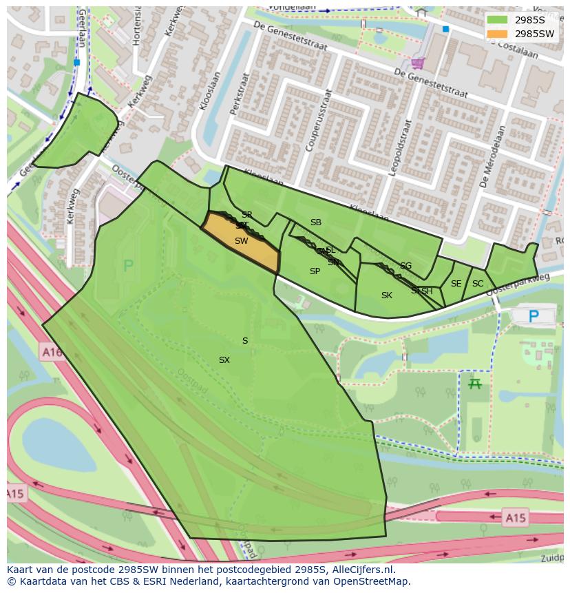 Afbeelding van het postcodegebied 2985 SW op de kaart.
