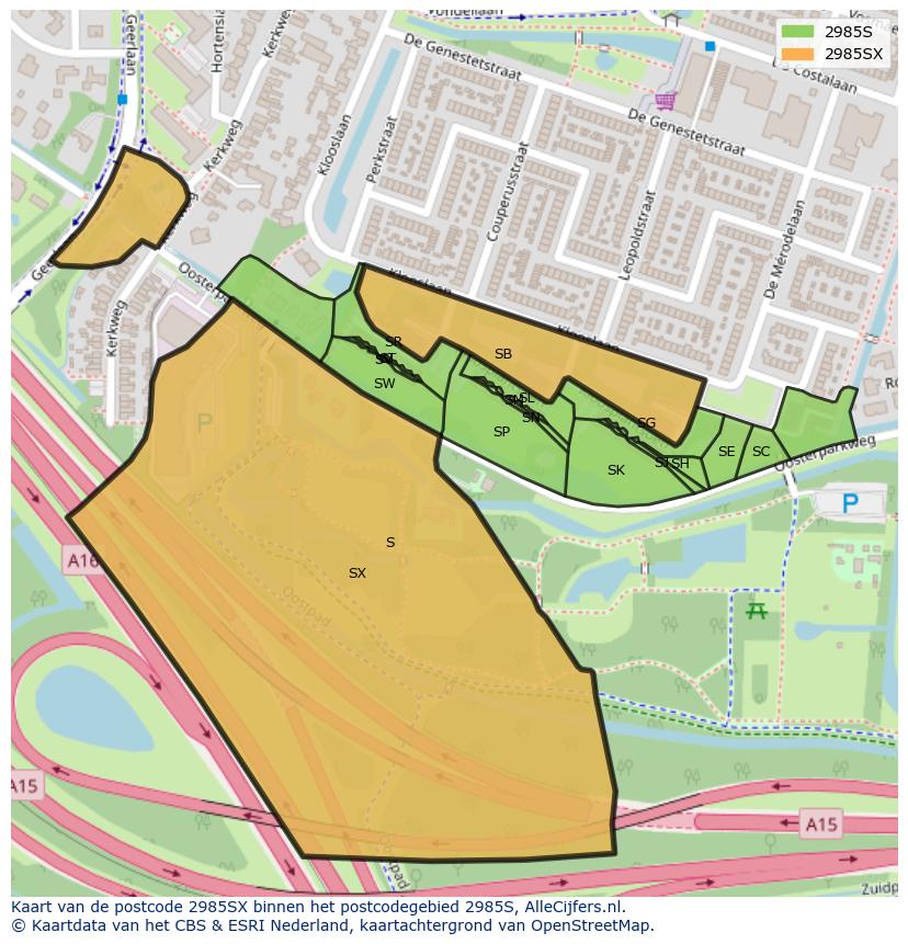 Afbeelding van het postcodegebied 2985 SX op de kaart.