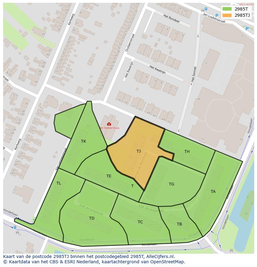 Afbeelding van het postcodegebied 2985 TJ op de kaart.