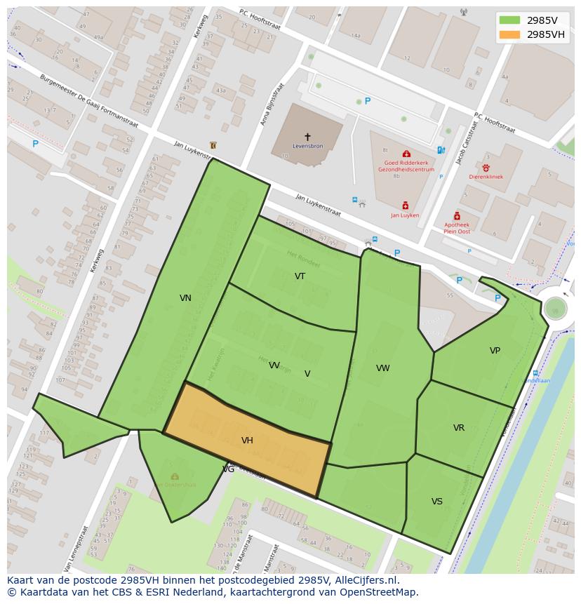 Afbeelding van het postcodegebied 2985 VH op de kaart.