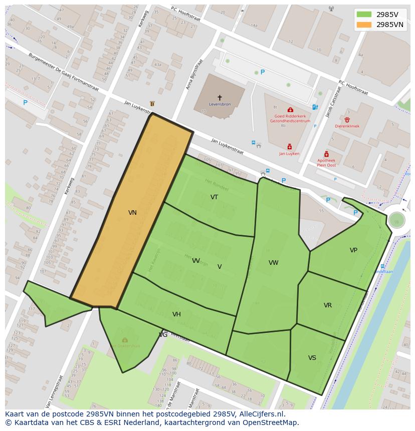 Afbeelding van het postcodegebied 2985 VN op de kaart.
