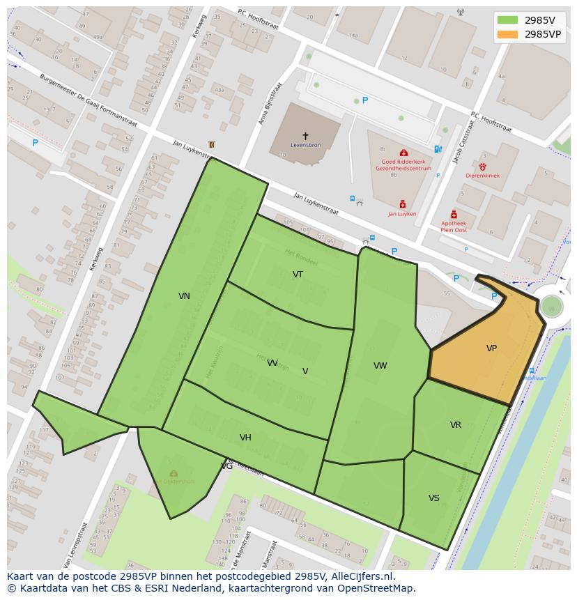 Afbeelding van het postcodegebied 2985 VP op de kaart.