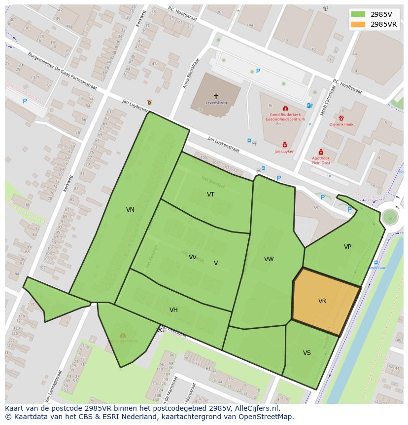 Afbeelding van het postcodegebied 2985 VR op de kaart.