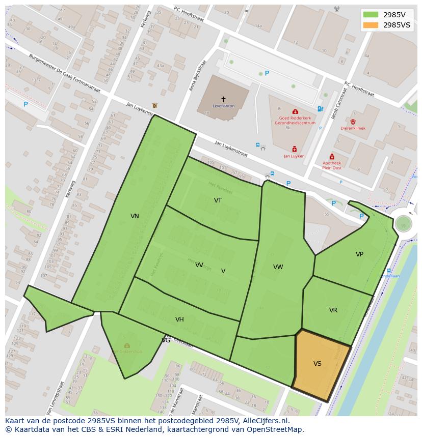 Afbeelding van het postcodegebied 2985 VS op de kaart.