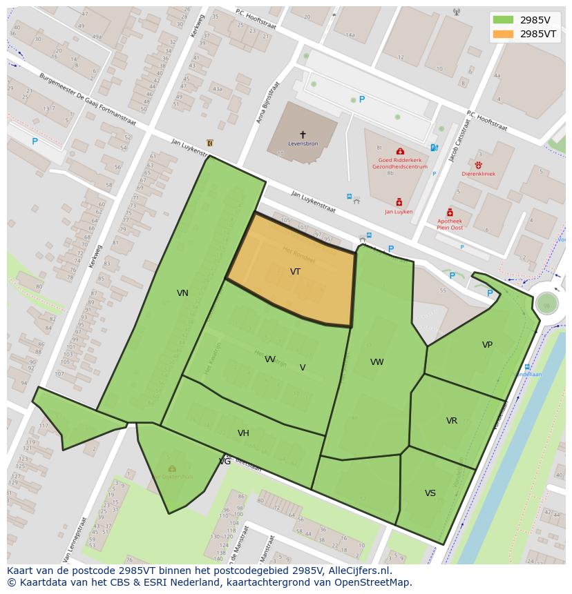 Afbeelding van het postcodegebied 2985 VT op de kaart.