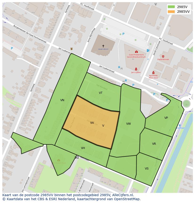Afbeelding van het postcodegebied 2985 VV op de kaart.