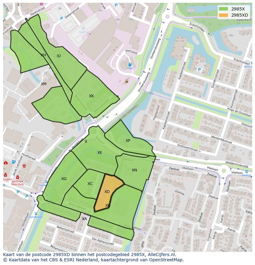 Afbeelding van het postcodegebied 2985 XD op de kaart.