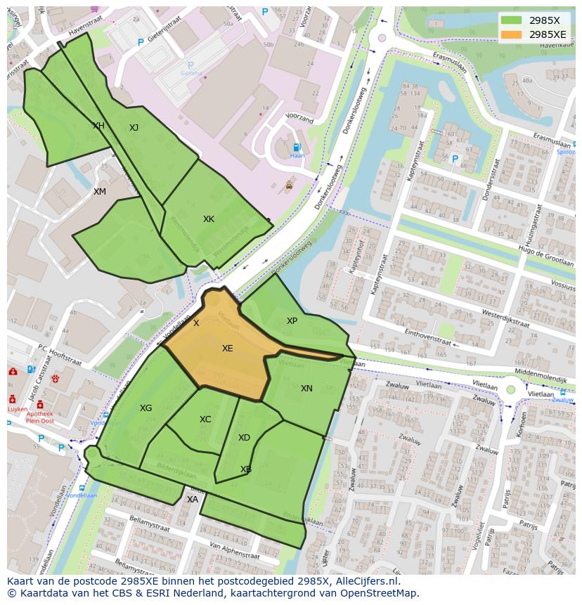 Afbeelding van het postcodegebied 2985 XE op de kaart.