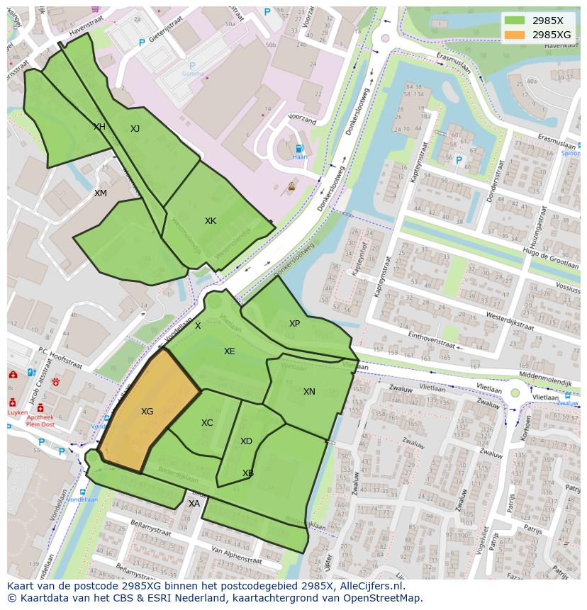 Afbeelding van het postcodegebied 2985 XG op de kaart.