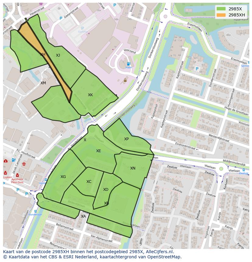 Afbeelding van het postcodegebied 2985 XH op de kaart.