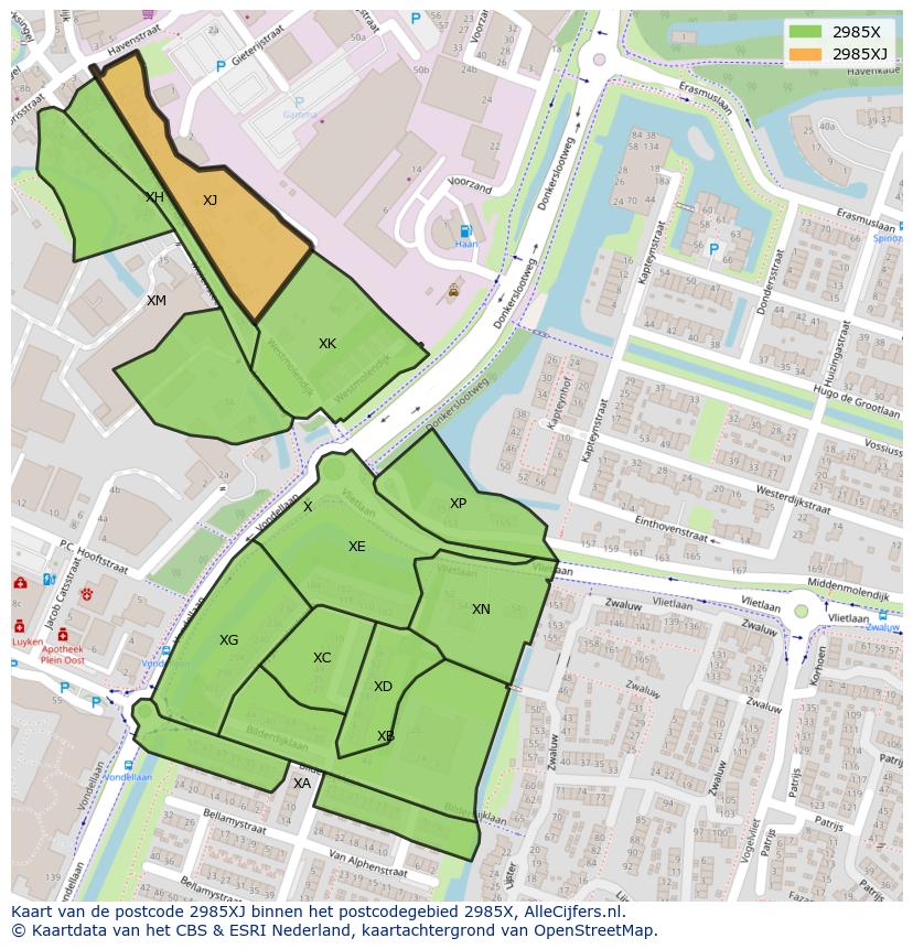 Afbeelding van het postcodegebied 2985 XJ op de kaart.