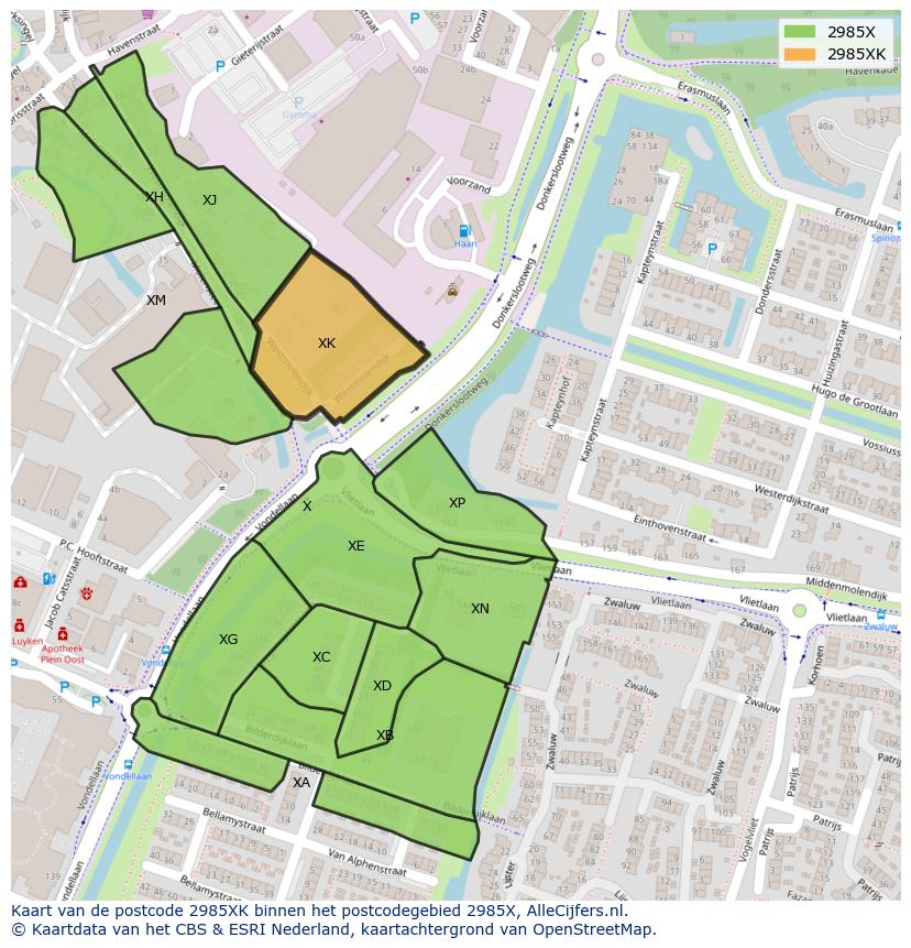 Afbeelding van het postcodegebied 2985 XK op de kaart.