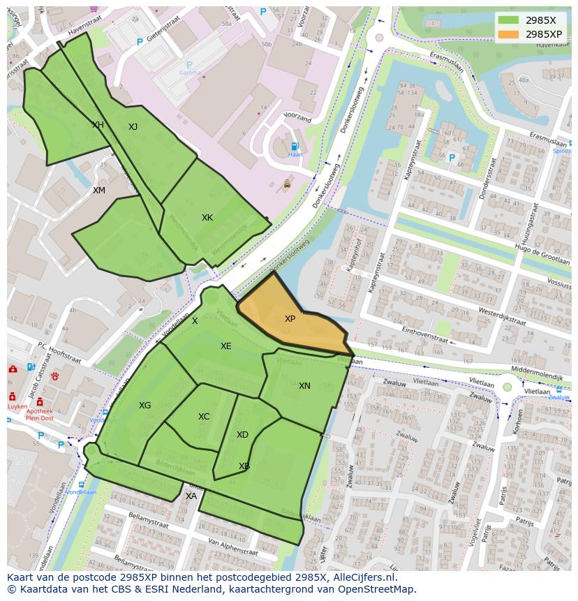 Afbeelding van het postcodegebied 2985 XP op de kaart.