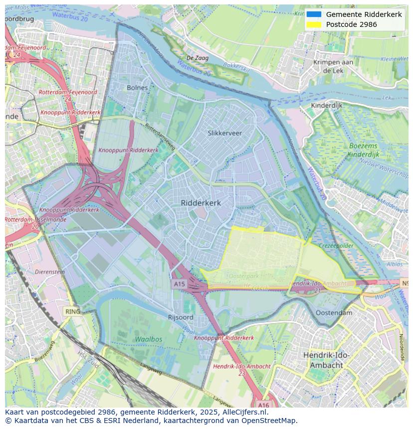 Afbeelding van het postcodegebied 2986 op de kaart.