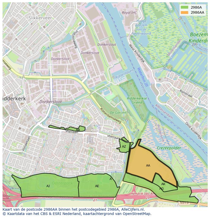 Afbeelding van het postcodegebied 2986 AA op de kaart.