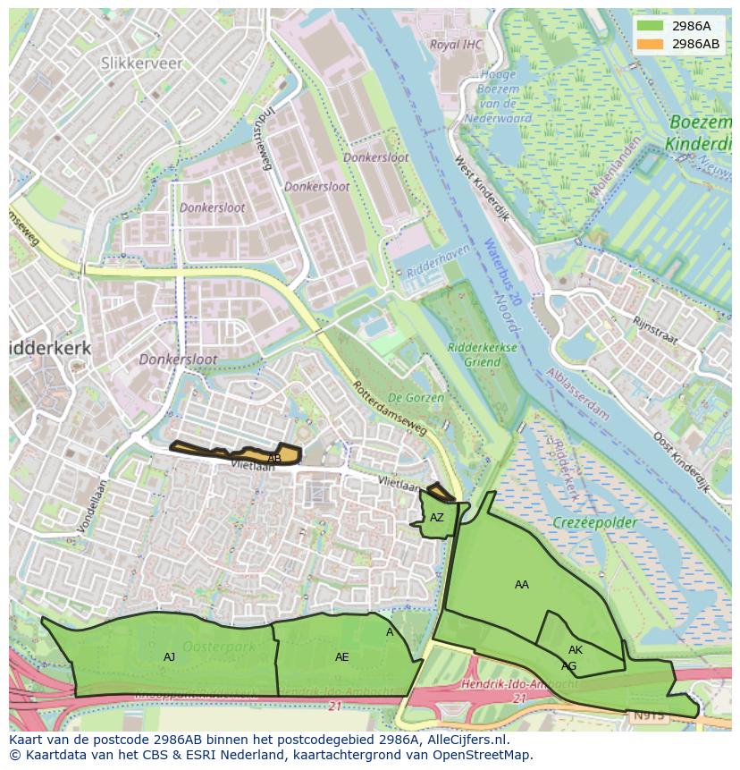 Afbeelding van het postcodegebied 2986 AB op de kaart.