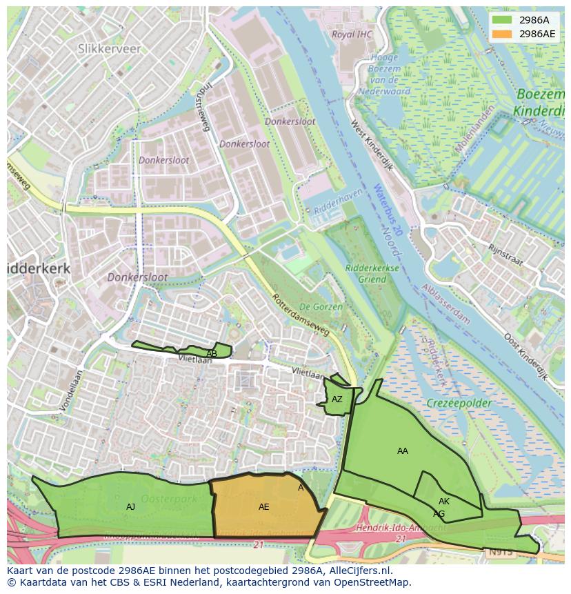 Afbeelding van het postcodegebied 2986 AE op de kaart.
