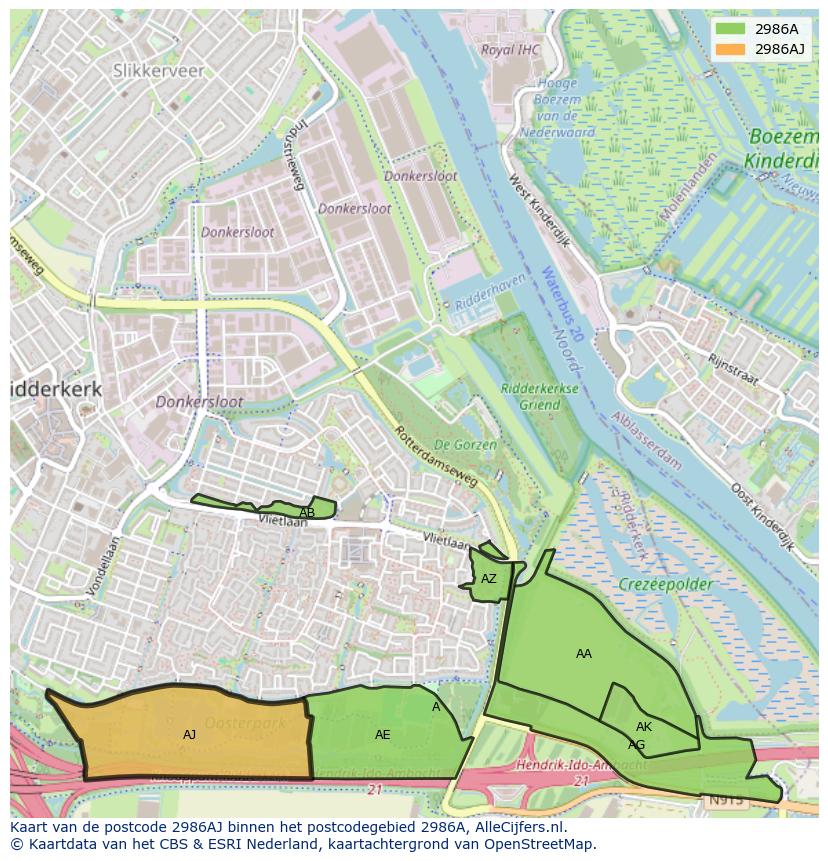 Afbeelding van het postcodegebied 2986 AJ op de kaart.
