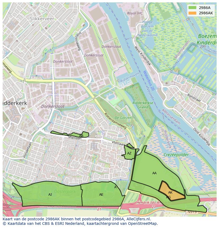 Afbeelding van het postcodegebied 2986 AK op de kaart.