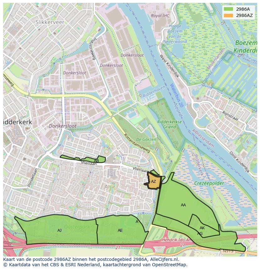 Afbeelding van het postcodegebied 2986 AZ op de kaart.