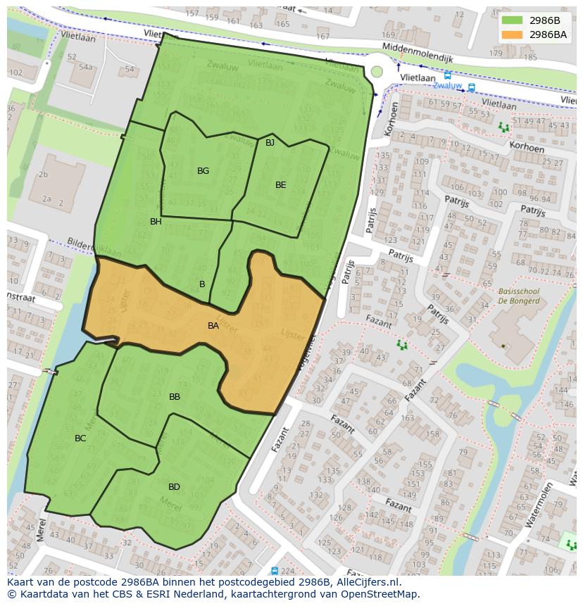 Afbeelding van het postcodegebied 2986 BA op de kaart.