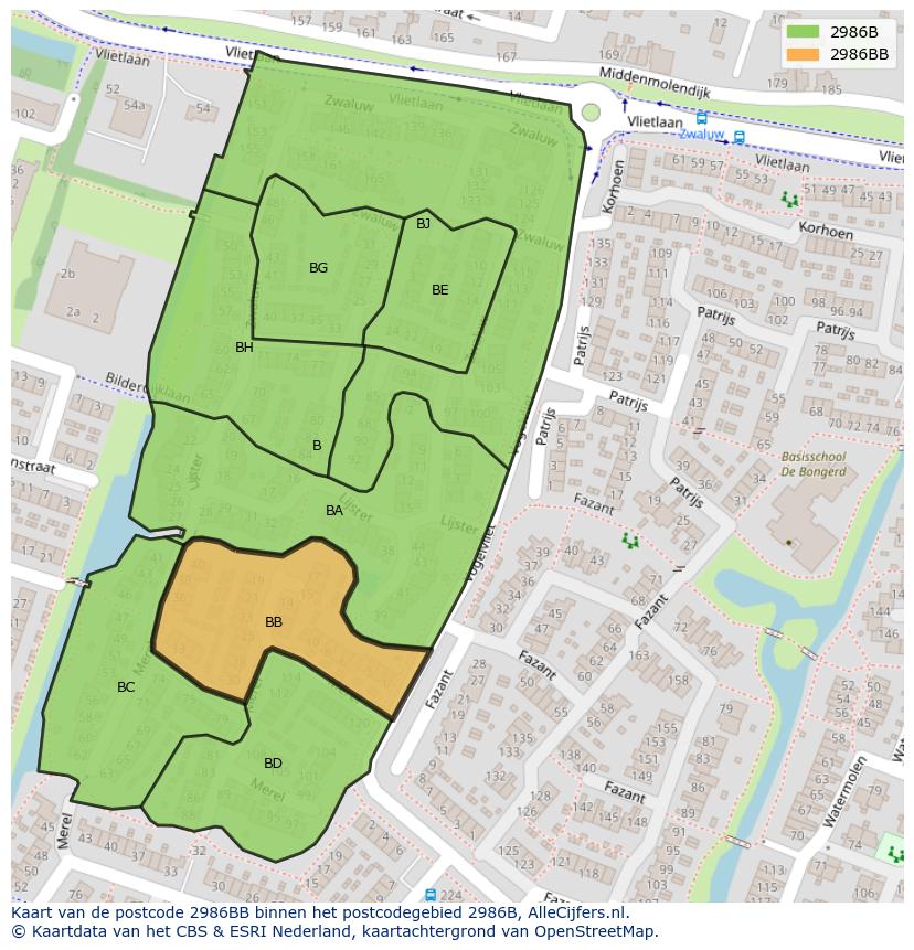 Afbeelding van het postcodegebied 2986 BB op de kaart.