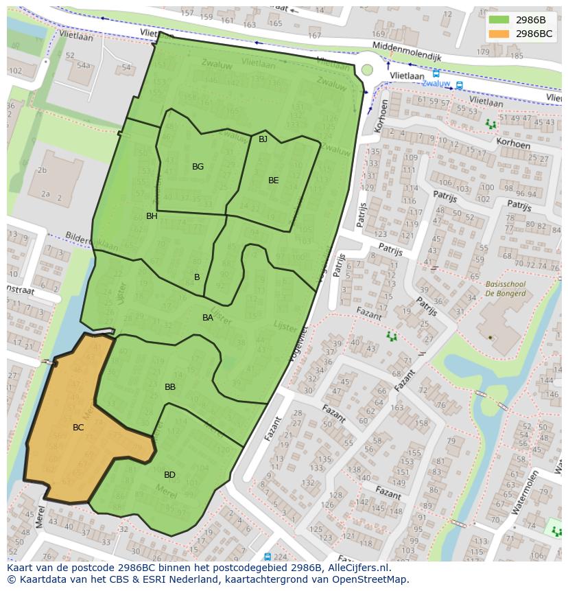 Afbeelding van het postcodegebied 2986 BC op de kaart.
