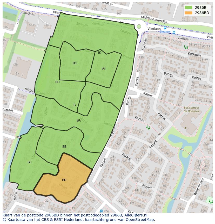 Afbeelding van het postcodegebied 2986 BD op de kaart.