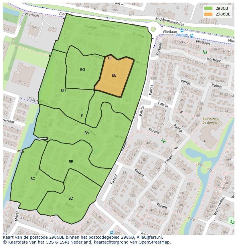 Afbeelding van het postcodegebied 2986 BE op de kaart.
