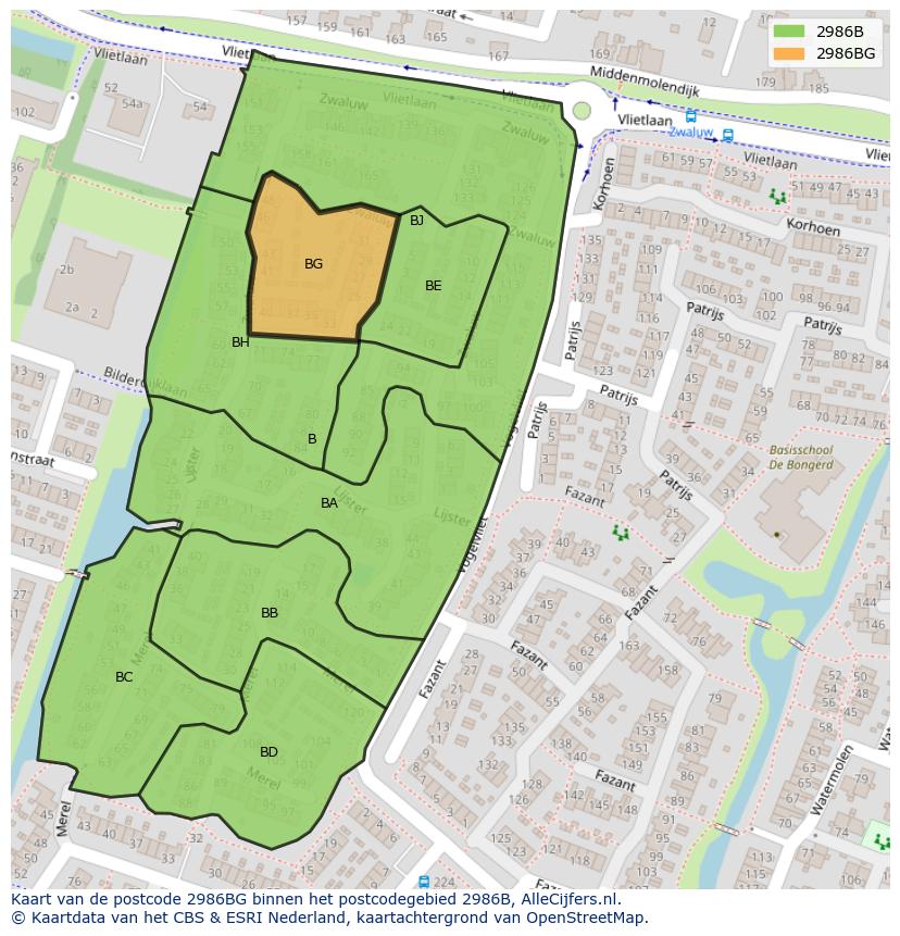 Afbeelding van het postcodegebied 2986 BG op de kaart.