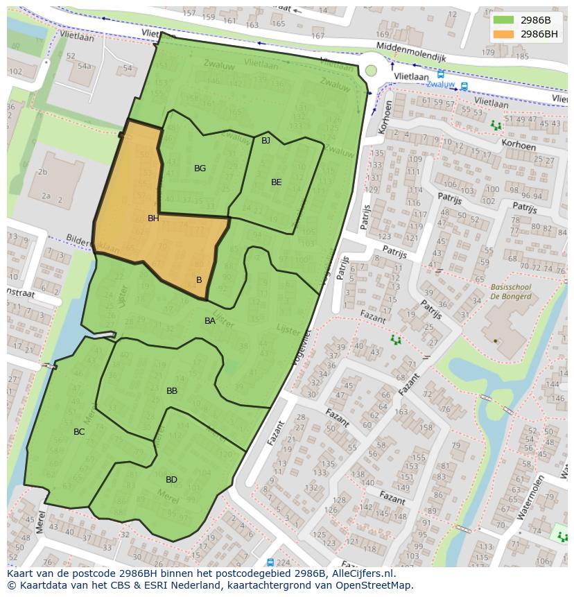 Afbeelding van het postcodegebied 2986 BH op de kaart.