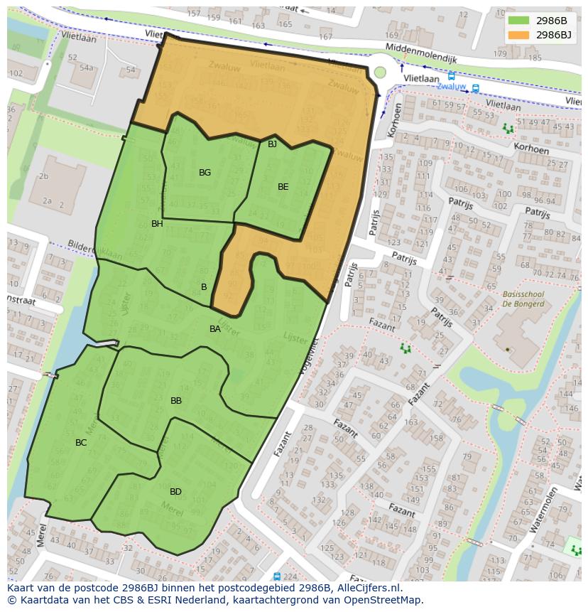 Afbeelding van het postcodegebied 2986 BJ op de kaart.