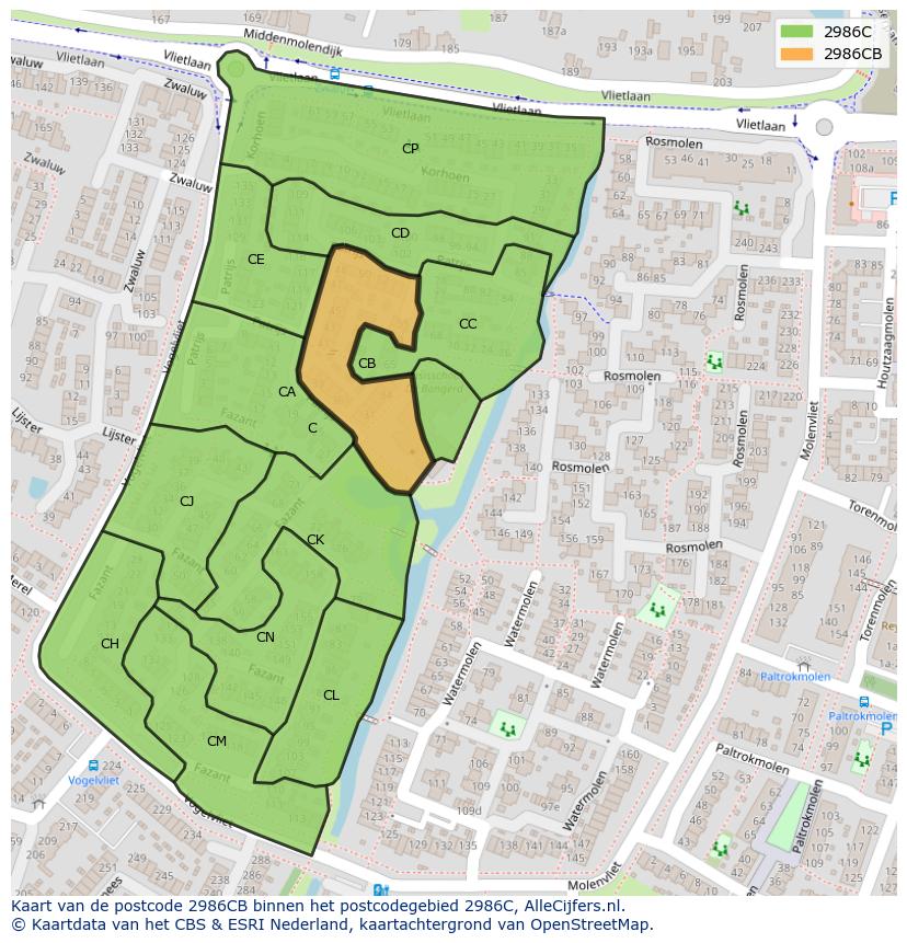 Afbeelding van het postcodegebied 2986 CB op de kaart.