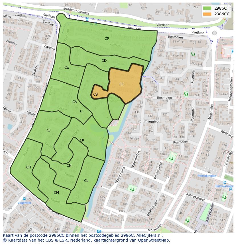 Afbeelding van het postcodegebied 2986 CC op de kaart.