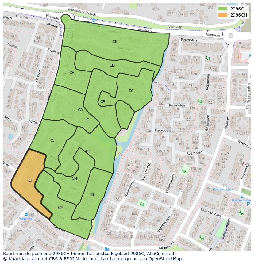 Afbeelding van het postcodegebied 2986 CH op de kaart.